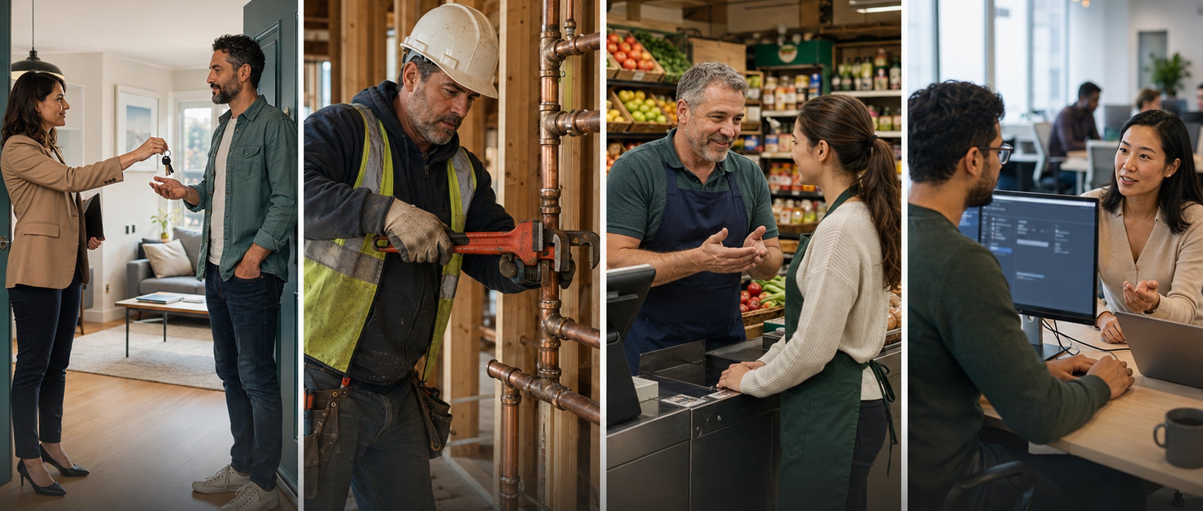 Four situations side by side — a realtor handing over keys at a showing, a plumber working on copper pipe at a job site, a grocery shop owner talking with a new employee, and two colleagues reviewing a candidate on screen in an office.